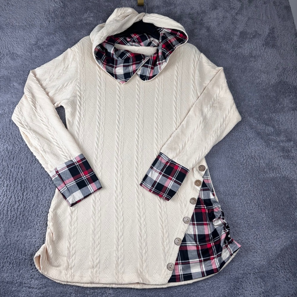 Unbranded Tunic Hoodie Women XL‎ Cream Cable Knit Plaid Accents Button Detail